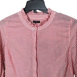 Talbots Petites Medium Red White Oxford Striped Pearl Button Ruffle Neck‎ Top